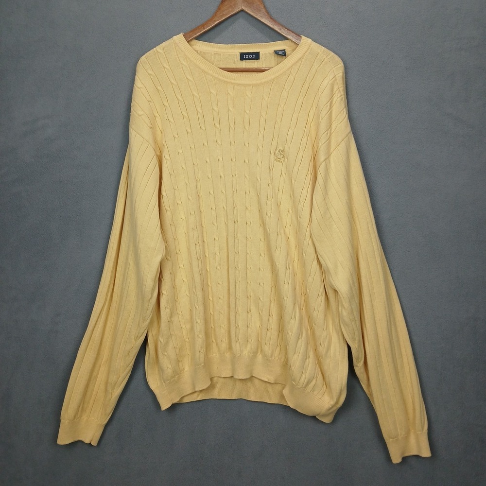 Vintage Izod Womens Sweater 2XL Yellow Cotton Cable Knit Ribbed Oversized Fit